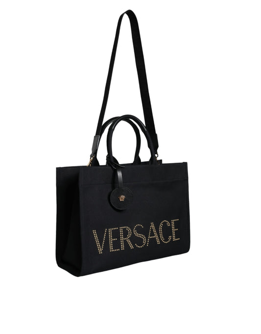 Versace zwarte handvat canvas leren logo crossbody tote tas