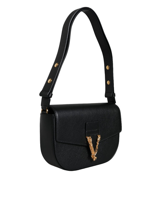Versace zwarte korrelige kalfslederen schoudertas met logo en crossbodyriem