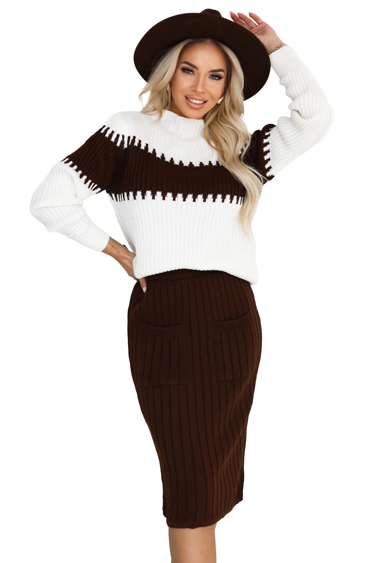 20912-6-571-2 Two-piece sweater set with matching skirt - chocolate-6