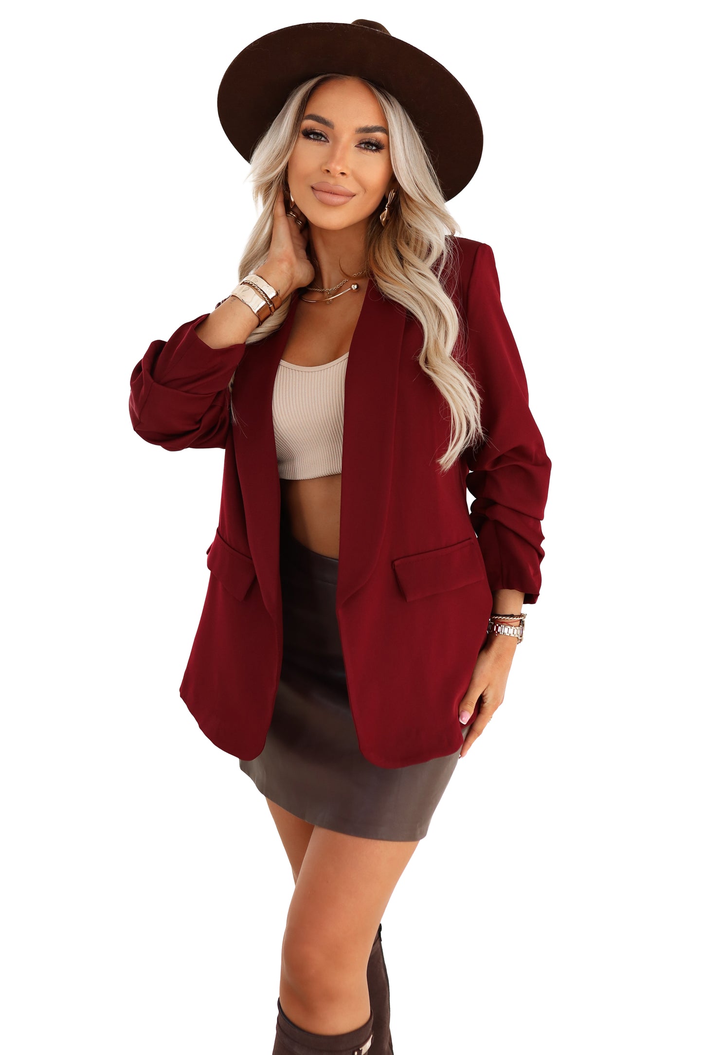 21157-7-588-4 Women's classic jacket with draped sleeves - burgundy-7
