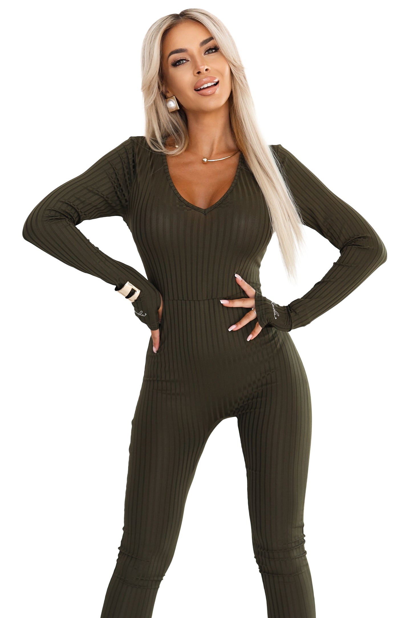 20958-18-619-2 Comfortable and elegant ribbed women's jumpsuit with a neckline - khaki-18