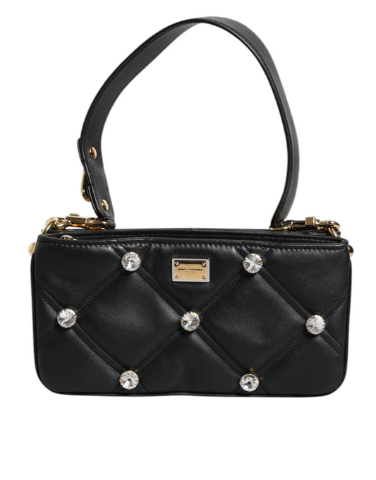 Dolce & Gabbana laukku - Black Leather Crystal Embellished Logo Shoulder Bag