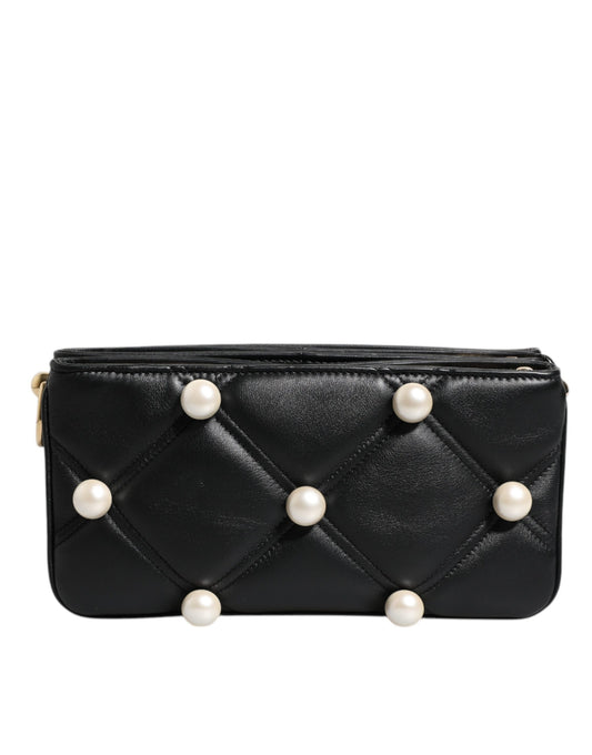 Dolce & Gabbana laukku - Black Leather Pearl Embellished Logo Shoulder Bag