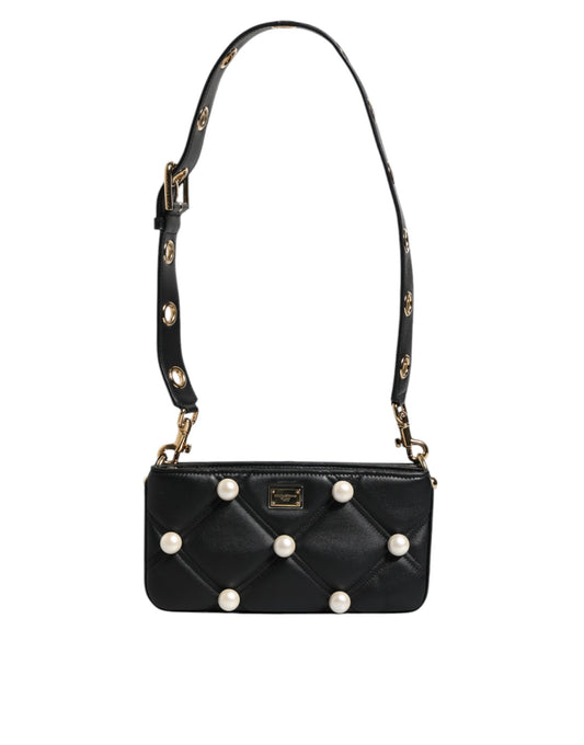 Dolce & Gabbana laukku - Black Leather Pearl Embellished Logo Shoulder Bag