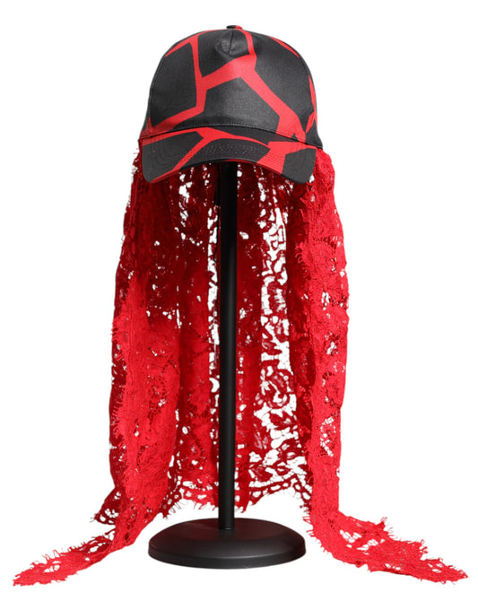 Dolce & Gabbana lippis - Red Black Lace Tulle Cotton Baseball Cap
