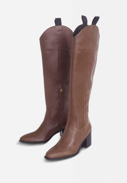 Brown Calf Leather Knee-High Boots – Women’s Block Heel Riding Boots