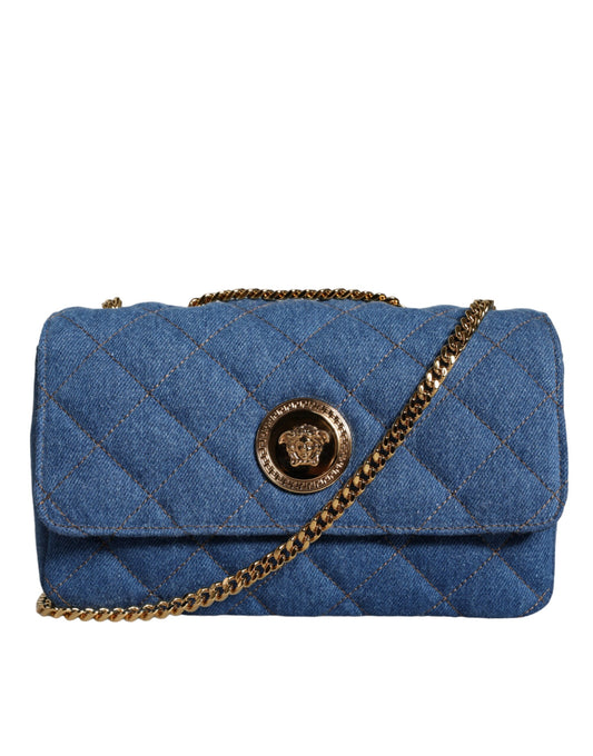 Versace blauwe doorgestikte denim leren crossbody schoudertas