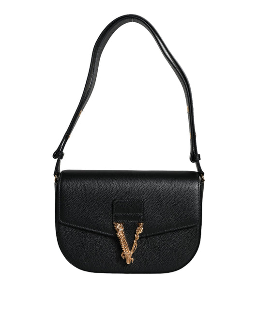 Versace zwarte korrelige kalfslederen schoudertas met logo en crossbodyriem