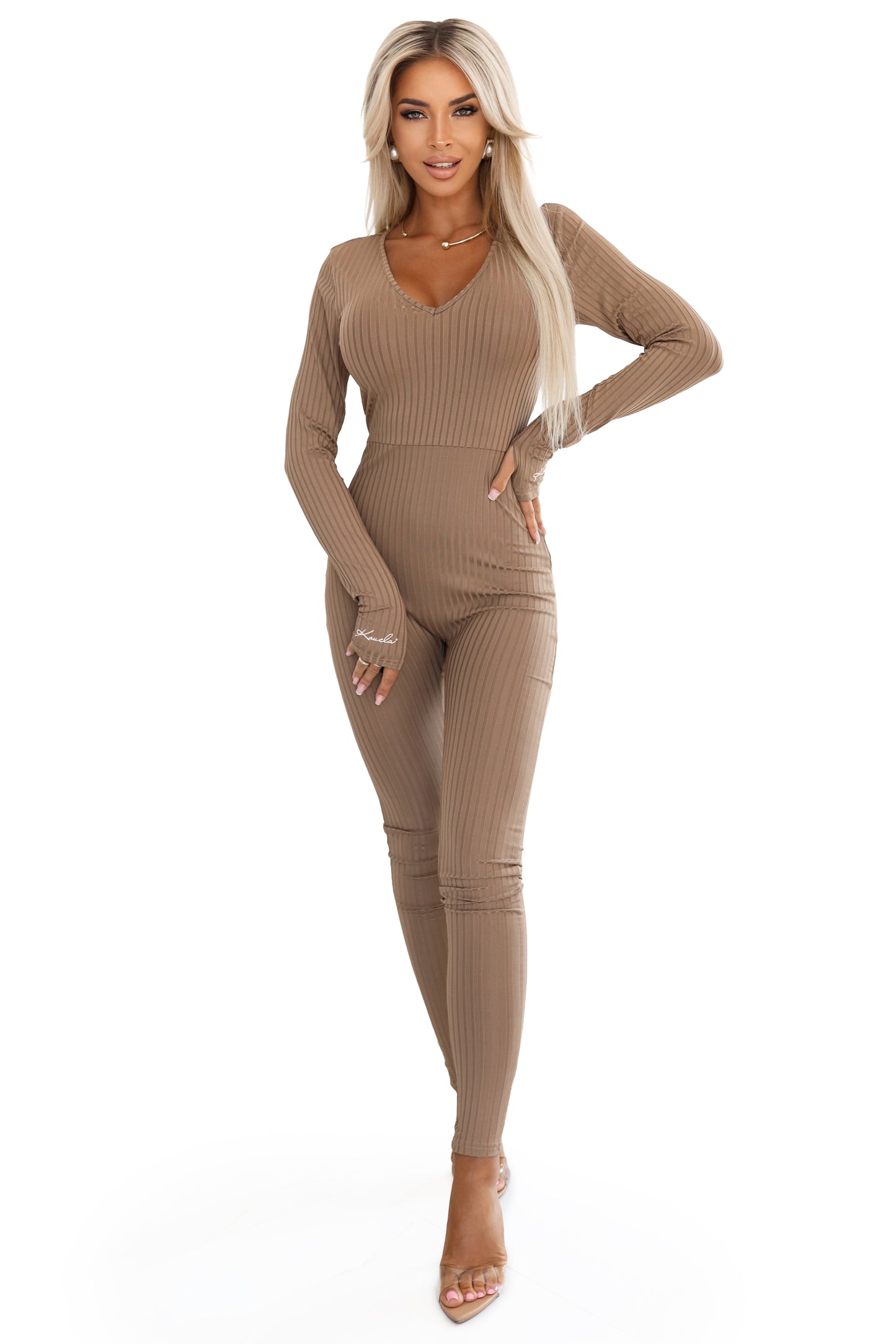 20961-15-619-1 Comfortable and elegant ribbed women's jumpsuit with a neckline - mocha mousse-15
