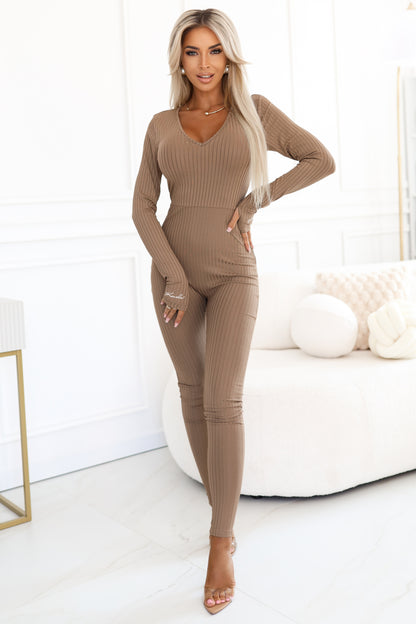 20961-1-619-1 Comfortable and elegant ribbed women's jumpsuit with a neckline - mocha mousse-1