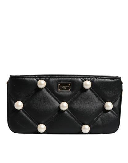 Dolce & Gabbana laukku - Black Leather Pearl Embellished Logo Shoulder Bag