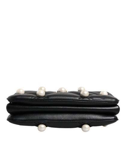 Dolce & Gabbana laukku - Black Leather Pearl Embellished Logo Shoulder Bag