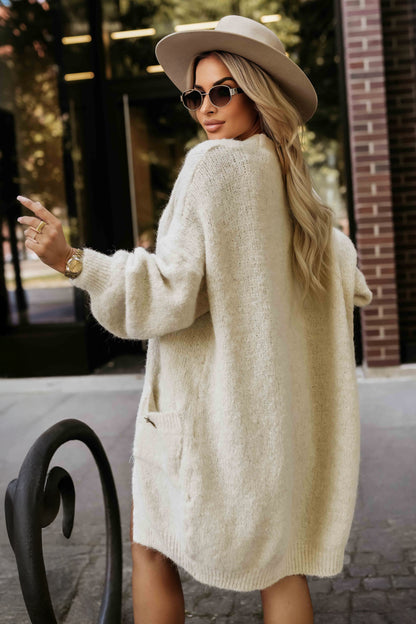 20880-3-628-1 Fashionable oversized cardigan with a decorative brooch and practical pockets - beige-3