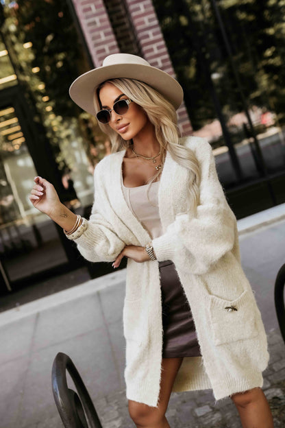 20880-4-628-1 Fashionable oversized cardigan with a decorative brooch and practical pockets - beige-4