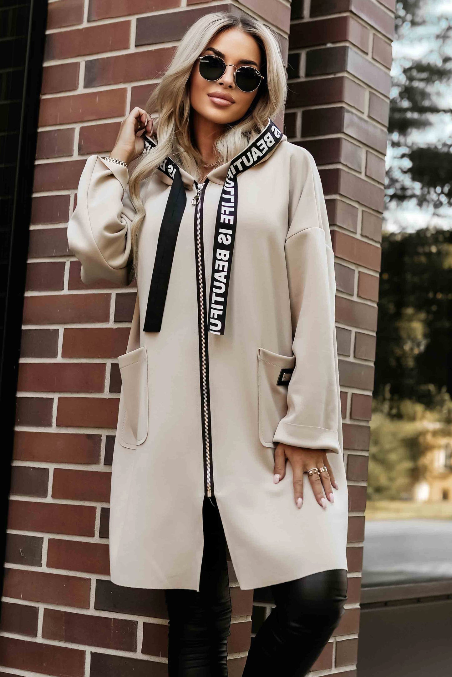 20898-1-632-1 Casual coat with pockets and a hood - beige-1