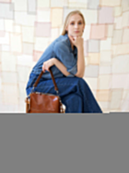 ROBIN Leather Handbag with Two Handles - Ginger Brown
