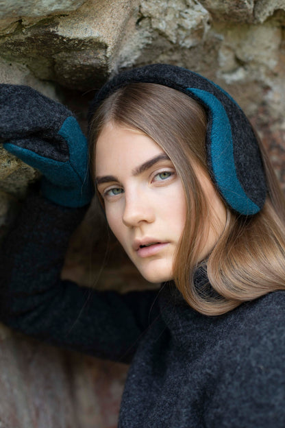 Felted Wool Earmuffs - Dark Grey, Aquamarine