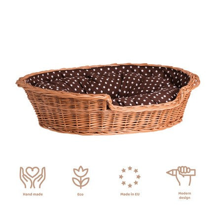 Esmira Natural Wicker Dog Bed With Polka Dot Cushion, 65x43 cm
