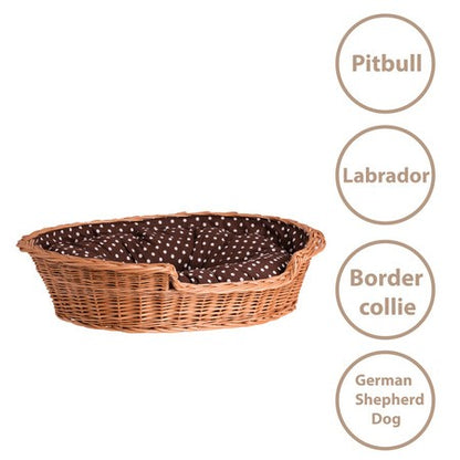 Esmira Natural Wicker Dog Bed With Polka Dot Cushion, 85x67 cm